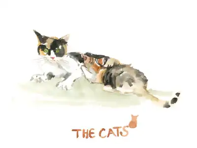 Aquarelle d'un chat tricolore allong&eacute;