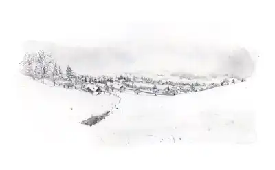 Aquarelle d'un panorama de Gruffy en hiver vue du parking du cimeti&egrave;re
