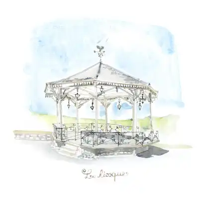 Aquarelle du Kiosque place de l'&eacute;glise &agrave; Gruffy
