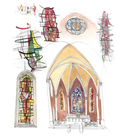 Aquarelle des vitraux, voute et autel de l'&eacute;glise de gruffy