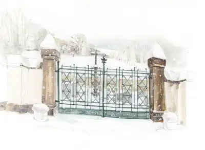 Aquarelle du portail m&eacute;tallique enneig&eacute; du cimeti&egrave;re