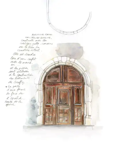 Aquarelle de l'ancienne porte de l'&eacute;glise romane