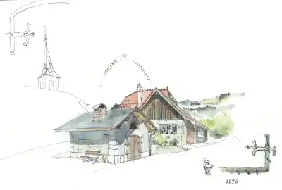 Aquarelle du four &agrave; pain de gruffy, place de l'&eacute;glise