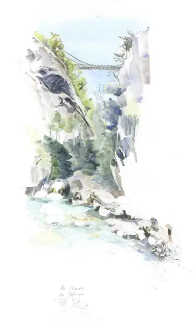 Aquarelle du chaos du ch&eacute;ran, vue du dessous du pont de l'Ab&icirc;me