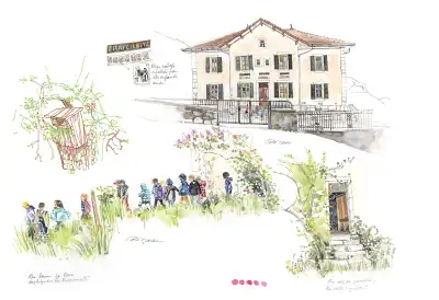 Aquarelle de l'&eacute;cole &eacute;l&eacute;mentaire Georges Duffaud et les &eacute;l&egrave;ves allanat au verger et jardin de l'&eacute;cole